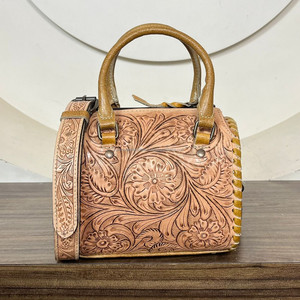Multifunctional Large Capacity Floral Hand Tooled Leather Duffel Bag Genuine Cowhide Leather Travel Mini Speedy Bag for Women's - Product Image 5