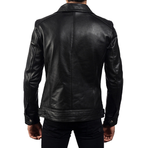 Veste de moto en cuir véritable noir pour homme, coupe ajustée, col rabattable, fermeture éclair, manches classiques, style hiver, imperméable et coupe-vent - Product Image 5
