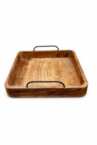 Plateau de service carré en bois massif durable avec poignées en métal, fait main, design minimaliste écologique, motif géométrique/mosaïque - Product Image 2