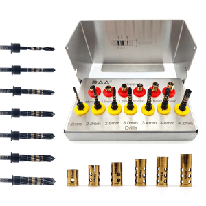 Kit de forets pour implants dentaires noir à irrigation externe 7 forets + 7 embouts + support R.A.A. INTERNATIONAL Qualité supérieure - Product Image 1