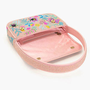 Sacs de rangement, Sac à bandoulière rose perlé, Sac de voyage en paille fait main à double compartiment, avec motif floral papillon personnalisé et perles de verre - Product Image 6