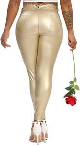 High Waist Satin Sport Eco-Friendly Compression <b>Thin</b> Leggings Ankle-Length Solid Gold Stretch <b>Tight</b> Fit Women's Pants Pockets - Product Image 2