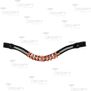 Luxury Crystal Horse Browband Black Leather Headstall with Orange Rhinestone Decoration for <b>Equestrian</b> Riding - Product Image 6