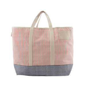 Bolso tote a rayas con base azul marino y asas beige, diseño ajustable y lavable - Product Image 1