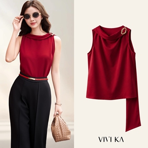 Women's <b>Red</b> Sleeveless <b>Scarf</b> Panel Blouse Metal Shoulder Detail Elegant Draped Top Polyester Spandex MIRVEN - Product Image 1