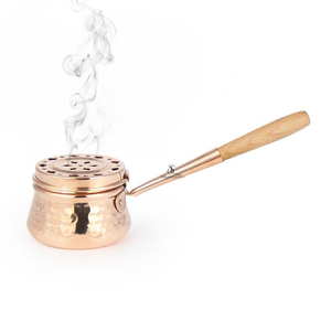 Hammered Copper <b>Bakhoor</b> Burner Portable Arabic <b>Oud</b> Incense Holder Pot With Long Wooden Handle & Detachable Lid For Home Decor - Product Image 1
