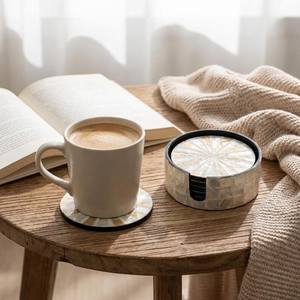 Ensemble de 6 sous-verres écologiques classiques avec support, faits à la main en coquillage rond, décoration de table, couleur personnalisée - Product Image 6