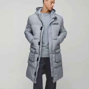 Veste d'hiver longue à capuche pour homme, en duvet, coupe-vent, épaisse, grise, décontractée, fermeture éclair, coupe régulière, couleur unie - Product Image 1