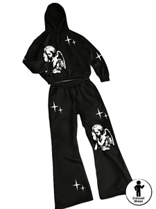 Ensemble de survêtement gothique pour femme avec imprimé ange, sweat-shirt à capuche et pantalon long ample noir, idéal pour l'automne, en polyester respirant - Product Image 3