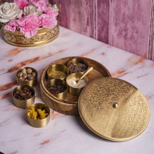 Decorative Brass <b>Spice</b> Organizer Handmade Indian Masala Box with Spoon Lid Kitchen Storage Restaurant Hotel Bulk Wholesale - Product Image 2