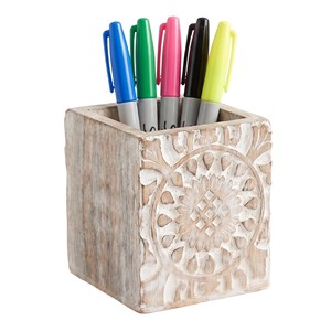 Porte-crayons artisanal en bois de manguier - Organisateur de bureau sculpté de style scandinave - Vente en gros - Product Image 1