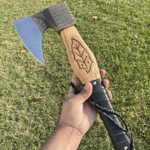 OEM Handmade Industrial Handmade Flat Backed Hatchet Forged Steel Blade Wooden <b>Handle</b> Leaf Engraved Splitting Firewood <b>Axe</b> - Product Image 5