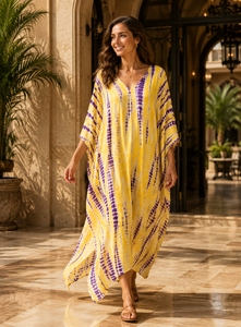Vestido Maxi Amarillo y Morado con Estampado Tie-Dye, 100% Algodón, Cuello en V, Estilo Bohemio, Largo hasta el Suelo, para Mujer, Ideal para Fiestas, Corte Moderno - Product Image 2