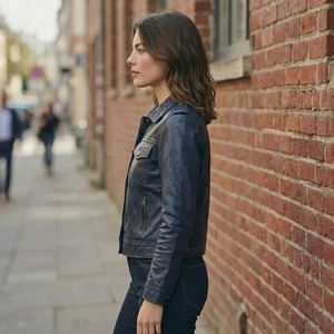 Chaqueta Trucker de Cuero Genuino Azul Marino – Abrigo Ajustado de Estilo Urbano para Mujer - Product Image 3
