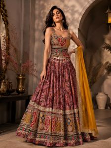 Conjunto de Lehenga Choli de seda con efecto mantequilla, estampado digital, con encaje y pedrería, Dupatta de encaje, largo hasta el suelo, para fiesta, para mujer - Product Image 2