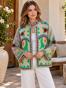Veste en coton Suzani faite à la main, style floral, veste brodée en coton biologique, veste bohème multicolore faite à la main pour femmes - Product Image 1
