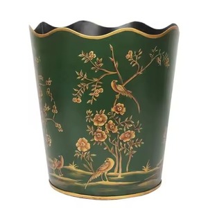 Trash Can In Elegant Black Cylindrical Metal Paper Basket With Gold Greek Key Pattern Decorative Indoor Waste <b>Bin</b> Household Use - Product Image 2