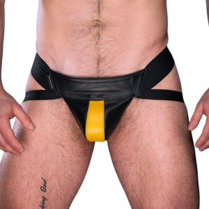 Jockstrap en cuir pour homme à rayures centrales, accent jaune, en cuir premium, sous-vêtement fétichiste, bretelles réglables, tenue de club - Product Image 2