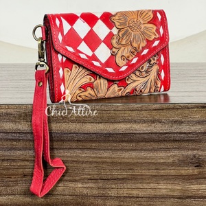 2026 Premium Cowgirl Handcrafted Tooled Checkered Leather Wristlet Wallets Genuine Leather Floral Clutch <b>Purse</b> RFID Card Holder - Product Image 1