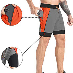 Pantalones Cortos Deportivos de Secado Rápido para Hombre, Color Gris con Franja Lateral Naranja, Cintura con Cordón Ajustable, Longitud Media, Tejido de Punto, Spandex, Poliéster - Product Image 4