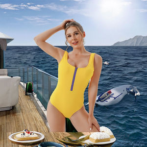 Factory Direct Figure-Hugging V-neck Solid <b>Swimdress</b> Cheeky Bottom 1 Piece Spandex/Nylon Zipper Swimsuit for Women Night Fitness - Product Image 1