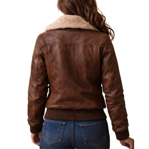 Chaqueta de Cuero de Oveja Marrón para Mujer, Estilo Bomber, Chaqueta de Aviador Vintage con Piel Sintética, Resistente al Viento para Invierno - Product Image 5