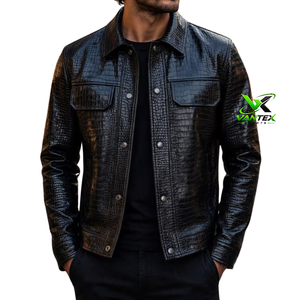 Blouson moto homme en toile véritable marron gaufré croco, col montant, tissu respirant, doublure en peau de mouton, design peau de serpent, fermeture éclair - Product Image 5