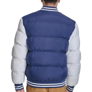 <b>Men's</b> Blue <b>White</b> Canvas Varsity Jacket Hooded Stand Collar Zipper Closure Windproof Polyester Puffer <b>Coat</b> Regular Fit Winter - Product Image 3