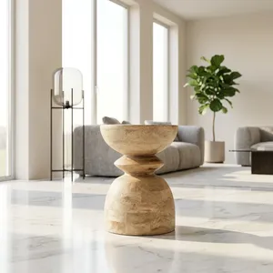 Table d'appoint moderne en bois massif avec piétement sculpté en forme de sablier, table d'appoint artisanale pour la décoration du salon et de la chambre - Product Image 4