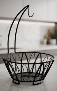 Cesta moderna negra de alambre para frutas con gancho para colgar plátanos, tazón de metal abierto, soporte para encimera de cocina - Product Image 3