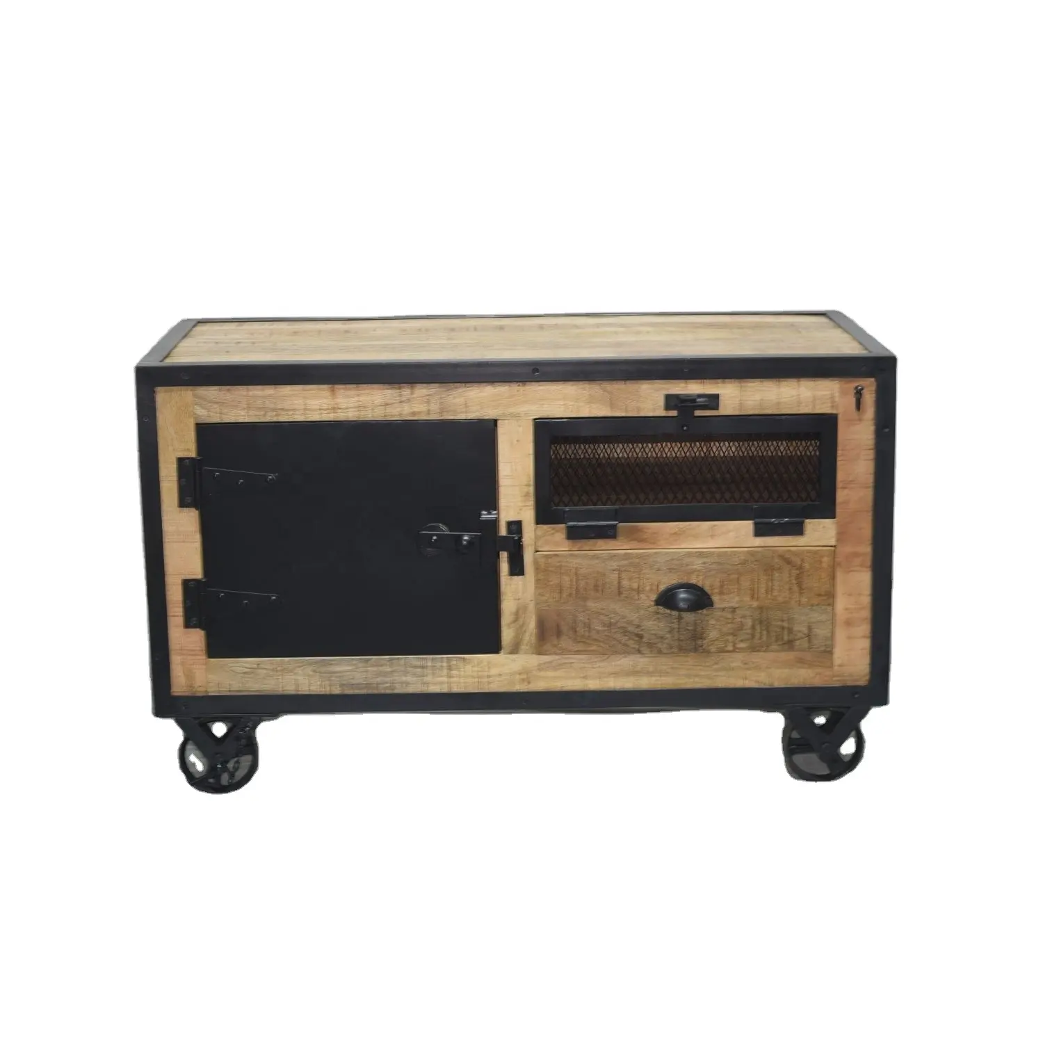 Table basse personnalisée en bois de mangue, cadre en fer, portes, maille, rangement, roue en fonte, Table basse