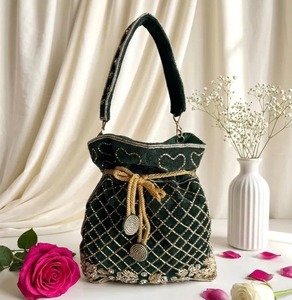Elegant Light Blue Silk Potli Bag With Gold Beaded Embroidery Pearl Trim Handmade Evening Party Drawstring <b>Purse</b> - Product Image 4