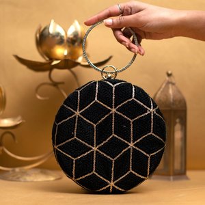 Black And Golden <b>Sequin</b> Embroidery Round Clutch <b>Bag</b> Luxury Wedding Evening Handbag for Women Occasions - Product Image 1