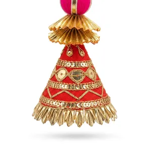 Décoration de porte traditionnelle multicolore perlée avec accents de perles et pompons dorés pour mariage, festival, pooja et décoration intérieure - Product Image 3