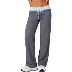 Pantalones de yoga para mujer, pantalones informales de pierna recta con cordón en la cintura media, pantalones elásticos con bloques de color para fitness - Product Image 1