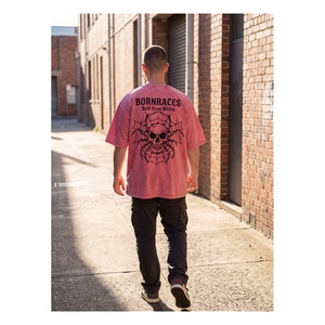Camiseta Personalizada para Hombre, Talla Grande, Roja, Lavado Ácido, Diseño Vintage Bornraces con Gráfico de Calavera y Telaraña en la Espalda, Cuello Redondo, Algodón Grueso - Product Image 5