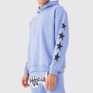 เสื้อฮู้ดผู้ชายสีฟ้าอ่อน แขนยาว พิมพ์ลายดาวสีดำ สวมใส่สบาย สีพื้น ผ้าฝ้าย 100% ระบายอากาศได้ดี สไตล์ฤดูใบไม้ร่วง - Product Image 3