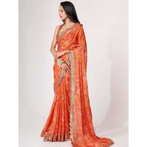 Gorgeous <b>Orange</b> Floral Print Organza Wedding Wear <b>Saree</b> with Blouse Zeel Clothing Unstitched - Product Image 6