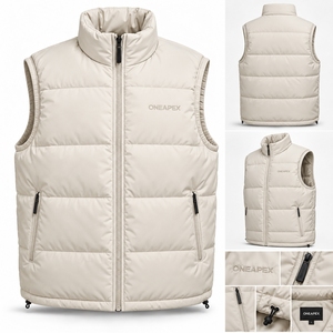 Veste sans manches matelassée beige pour homme, col montant, fermeture éclair intégrale, chaude, pour l'extérieur, ONEAPEX OEM, vente en gros - Product Image 3