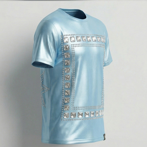 เสื้อยืดสตรีทแวร์ผู้ชายผ้าฝ้าย 100% ประดับคริสตัลหรูหรา ไซส์ใหญ่ สีเงินเมทัลลิก - Product Image 4