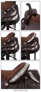 STAR HOMETEX Selle Western Artisanale Haut de Gamme en Cuir Tanné Végétal, Monture en Bois, Finition Bicolore, Siège Rembourré en Daim Noir, Motifs Complexes - Product Image 2