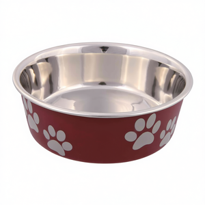 Cuenco para mascotas de acero inoxidable, 2,2 l, 23 cm, rojo con estampado de huellas, comedero para perros y gatos - Product Image 2