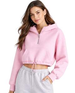 เสื้อฮู้ดครอปสีชมพูแบบกำหนดเอง ผ้าฟลีซ ซิป ¼  กระเป๋าคางูโร่  ชายเสื้อปรับได้ด้วยเชือกผูก  สไตล์ลำลอง สตรีทแวร์  เสื้อกันหนาวแบบสวมหัวสำหรับผู้หญิง - Product Image 1