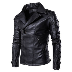 Men's Asymmetrical Zip <b>Leather</b> <b>Biker</b> <b>Jacket</b> with Lace-Up Sleeves Winter Waterproof Windproof Slim Fit Faux <b>Leather</b> Wholesale - Product Image 2