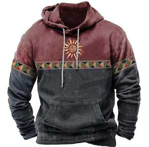 Sweat-shirt à capuche en molleton pour homme, imprimé soleil géométrique, décontracté, pour l'hiver, coupe classique, 100 % coton tricoté respirant, numérique - Product Image 1
