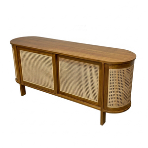 Buffet de salle à manger ovale contemporain en teck élégant avec portes en rotin naturel, meuble de rangement pour la maison, vente en gros - Product Image 2