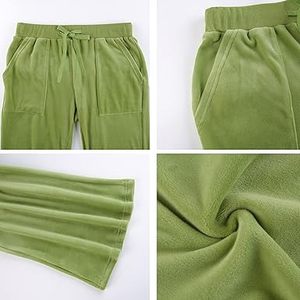 Green Color Women Velour <b>Tracksuit</b> With Pocket Cropped Flared Trouser Pant Velvet <b>Tracksuits</b> <b>Winter</b> Jogging Suit Set Breathable - Product Image 6