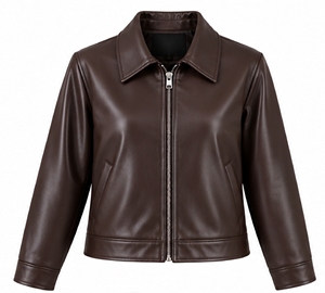 Chaqueta de Cuero Sintético Marrón para Mujer, Cuello Camisero, Cierre de Cremallera, Manga Larga, Cortavientos, Abrigo de Otoño - Product Image 1