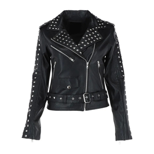 Blouson en cuir noir pour homme avec détails rivets et fermeture éclair, coupe courte ajustée, style moto, pour l'automne et l'hiver - Product Image 1