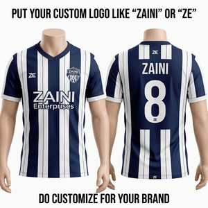 เสื้อฟุตบอลระบายอากาศได้ดี 220 GSM ผ้าโพลีเอสเตอร์ 100% สายรัดปรับได้ แขนสั้น คอจีน ปักโลโก้ได้ตามต้องการ สีกรมท่า ลายทางสีขาว - Product Image 1